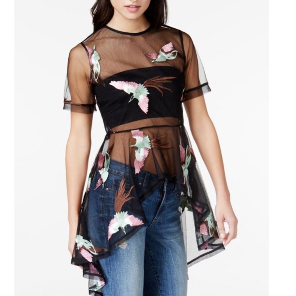 Endless Rose Hi-Lo Embroidered Mesh Top.